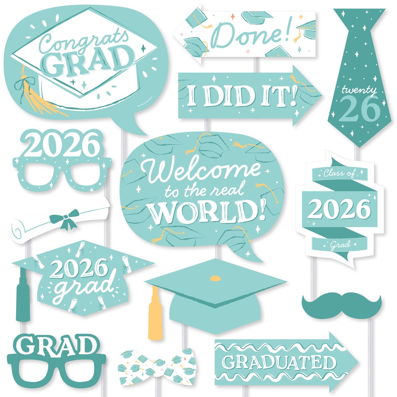 Big Dot of Happiness Mint Green Graduation Props for Photoshoot 2026, Set of Photo Booth Props for Pictures and Graduation Party Decorations - 20 Ct